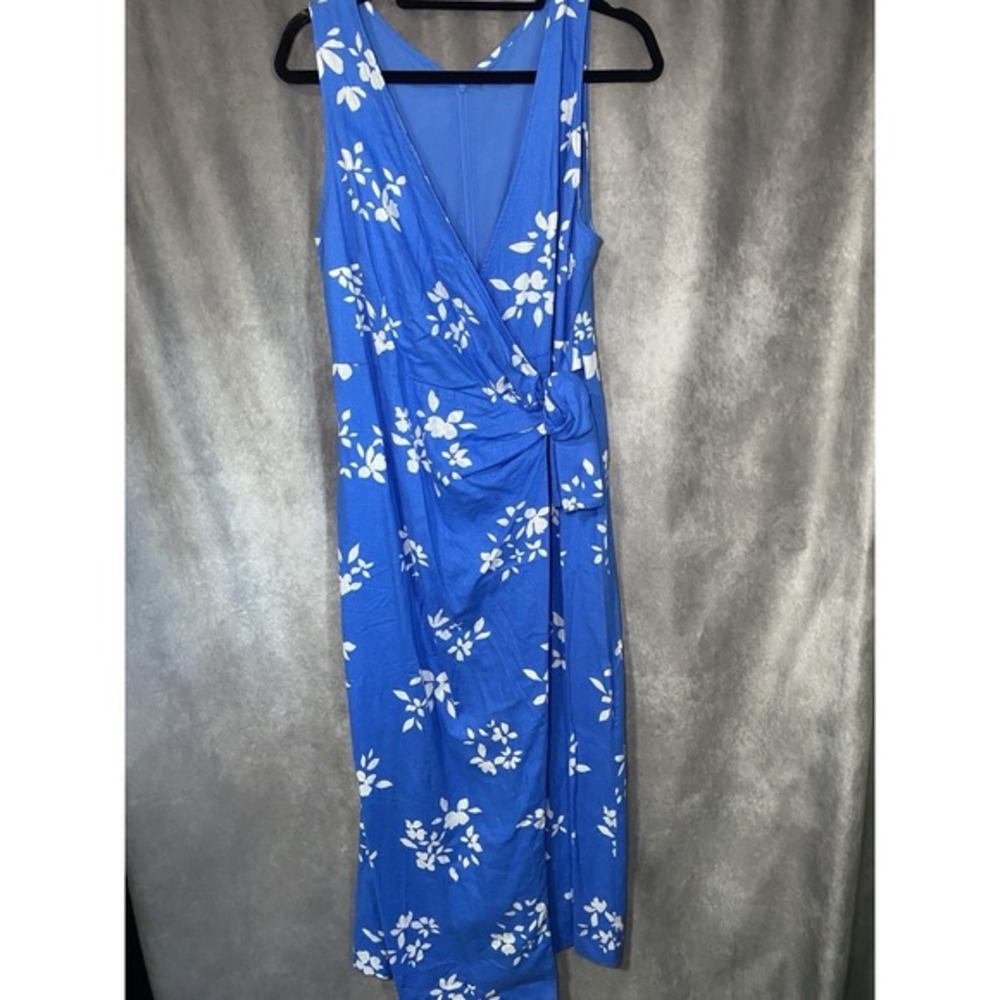 Ann Taylor Blue Floral Linen Blend Wrap Dress Womens 8 Coastal Weekend Resort